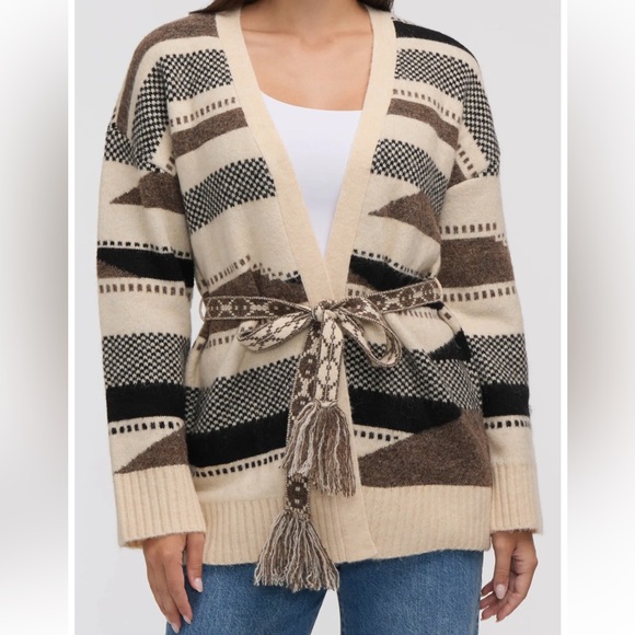Anthropologie NVLT Stripe Tie Waist Jacquard Cardigan in Brown Mix Aztec - Picture 2 of 8
